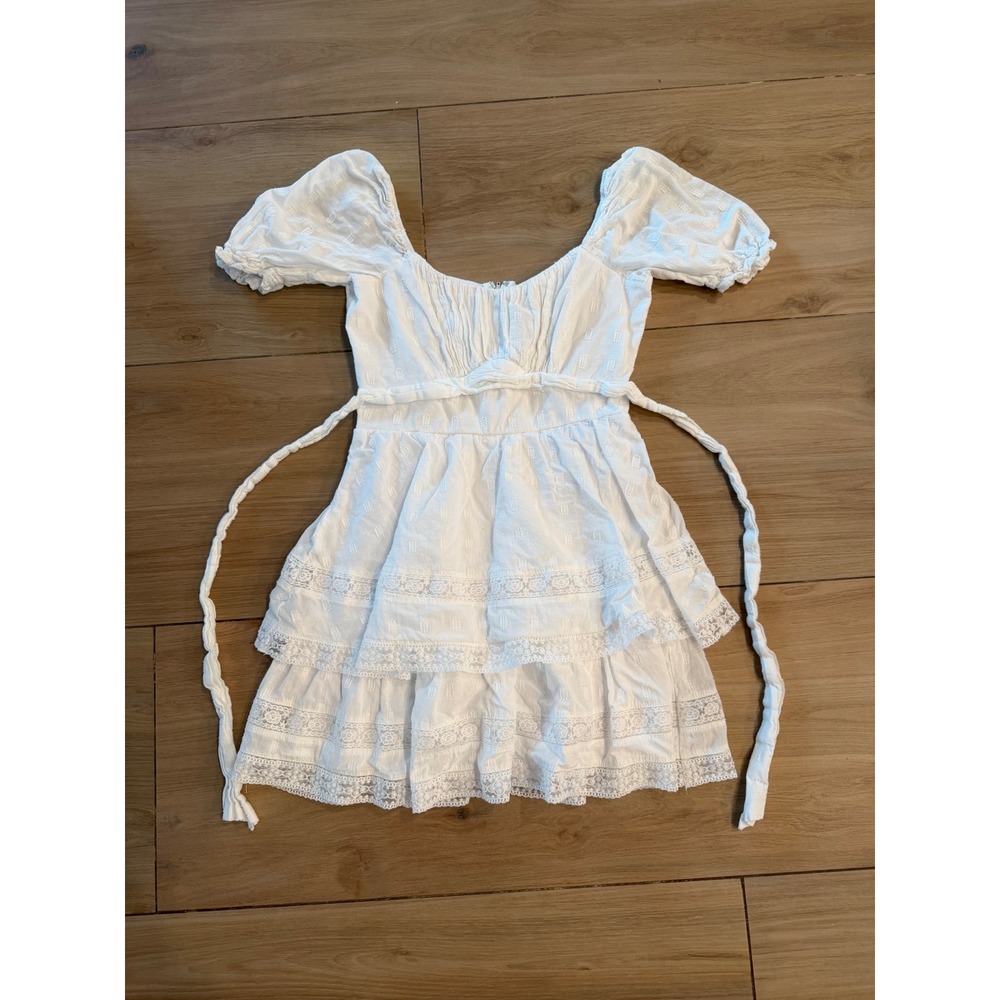 Altar'd State White Eyelet Lace Tiered Mini Dress XS Cottagecore Puff Sleeve